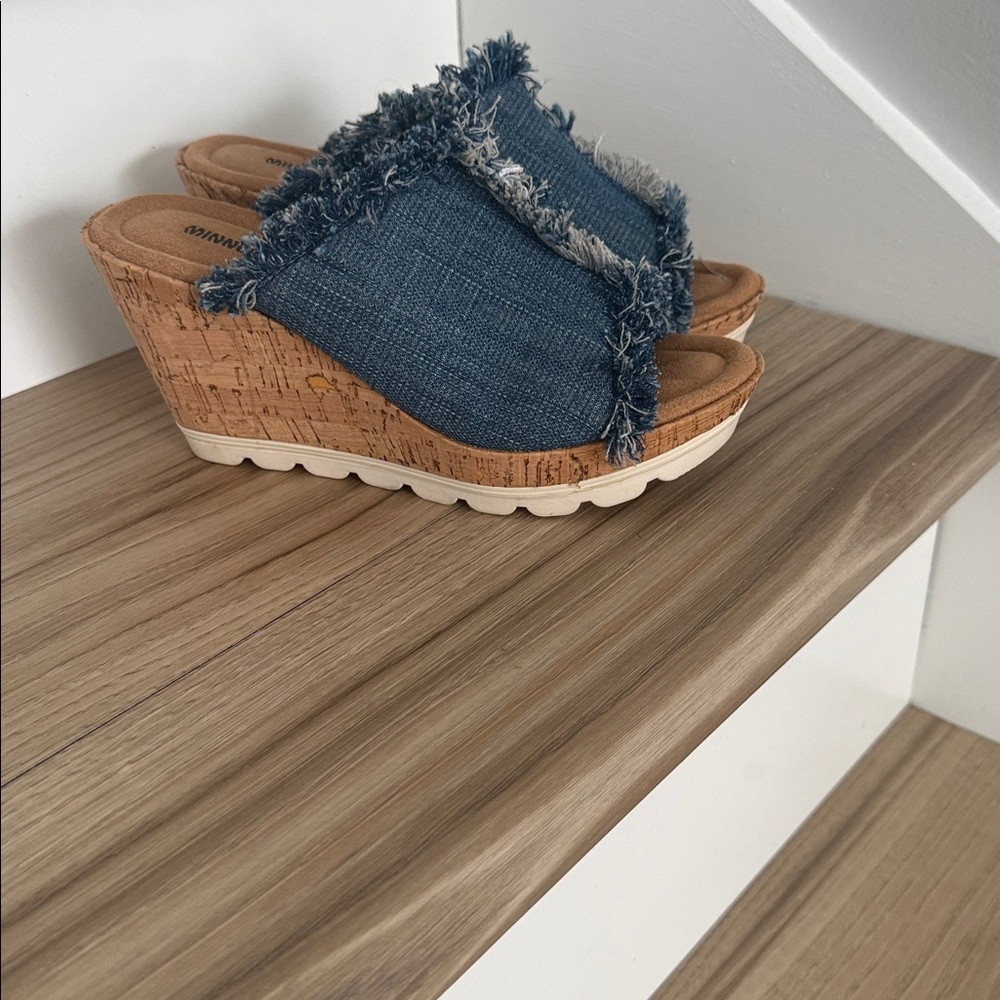 Minnetonka denim fringe wedges.Like new, worn 1 time.Perfect condition. Size 6M